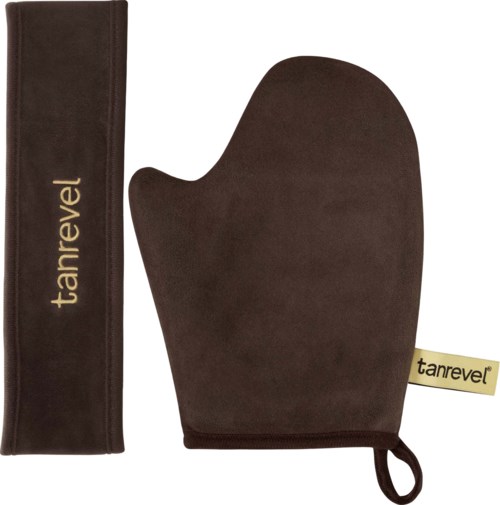 A brown oven mitt and a brown cloth cover labeled "tanrevel" are shown.
