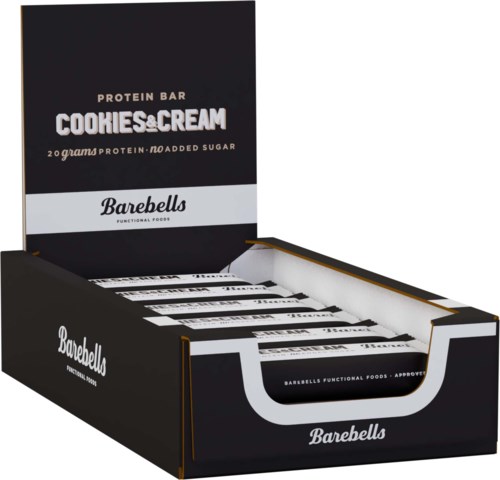 Een zwart-wit doos bevat Barebells eiwitrepen met Cookies & Cream smaak, 20 gram eiwit, geen toegevoegde suiker.