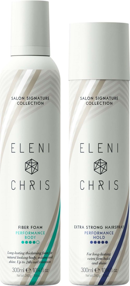 To hvite sprayflasker fra Salon Signature Collection, merket Elise og Chris, med ulike funksjoner.
