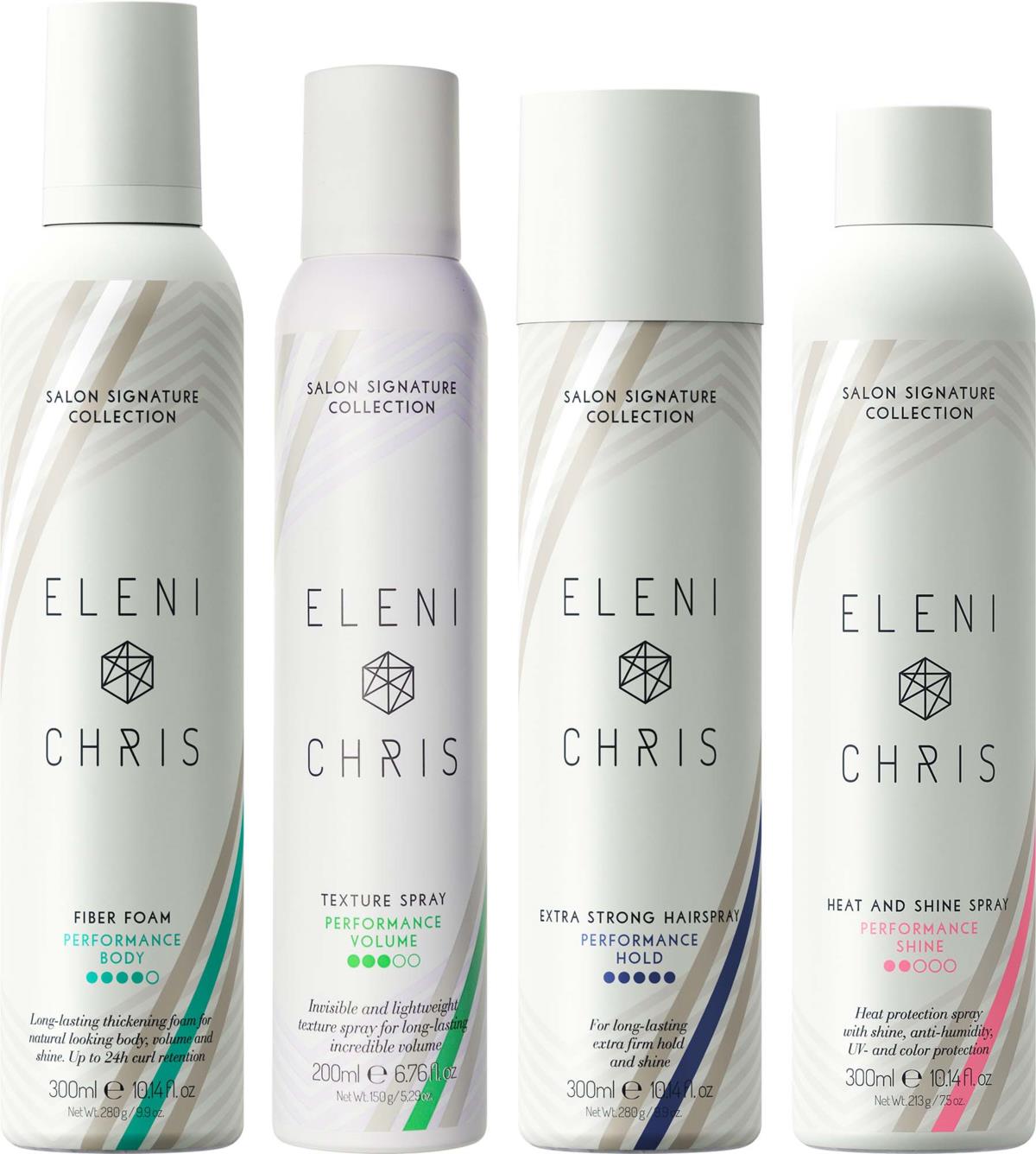 Eleni&Chris Bundle Fiber Foam 300 ml & Hairspray 300 ml & Heat Spray 300 ml & Texture Spray 300 ml