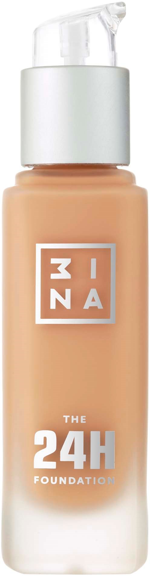 En flaska foundationmärke som heter 'The 24H Foundation' med pump och beige vätska inuti.