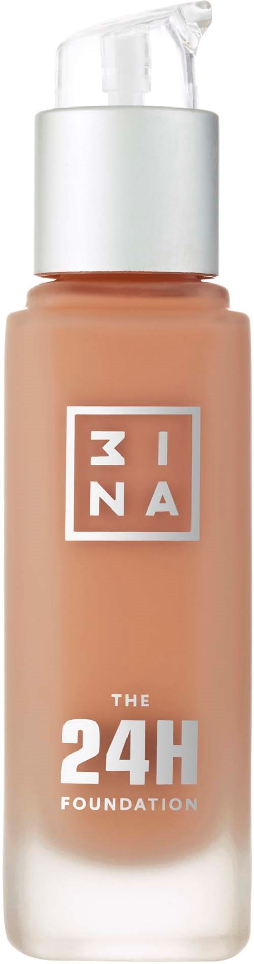 En foundationflaska med pump, märkt 'MINA THE 24H FOUNDATION' med vita bokstäver.