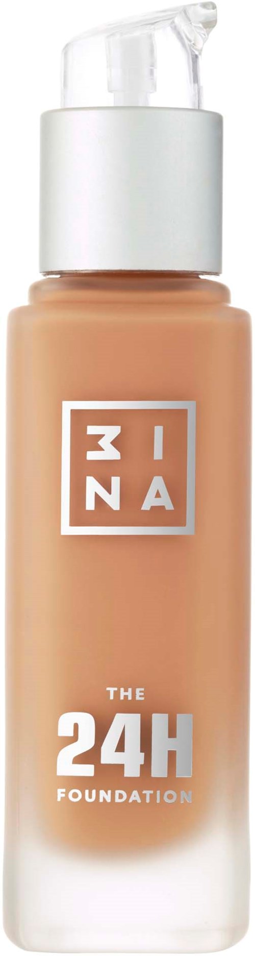 En flaska med flytande foundation med pump, märkt "The 24H Foundation" och ett varumärkeslogo "M-NA".