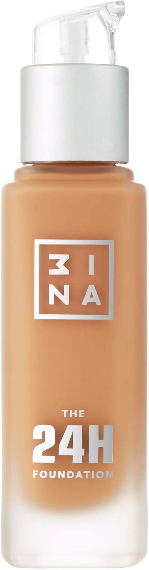 En flaska flytande foundation märkt '24H', med pump och minimalistisk vit och beige design.