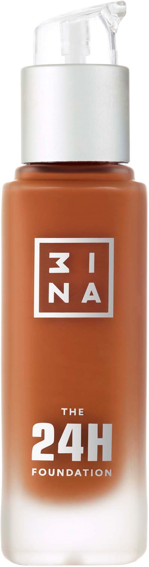 A bottle of foundation with a pump, labeled 'MNA The 24H Foundation,' in a brown-orange color.