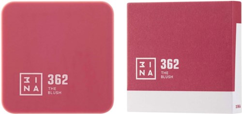 Rød blush kompakt og en boks med lignende rød farve og hvid etiket, med mærket 3INA og produktnavn.
