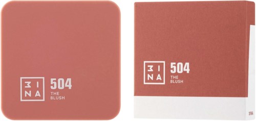 A blush-colored makeup compact and its box, both labeled '504 THE BLUSH' with a minimalist design.