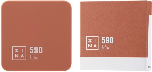 A blush compact and its box in a soft pink shade with white text and a logo.