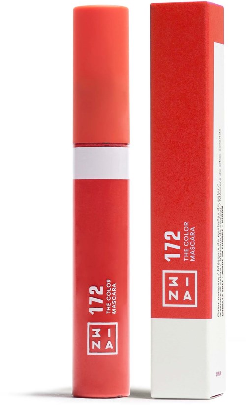 En rød tube og dens æske, begge mærket 3INA 172 mascara, står oprejst.