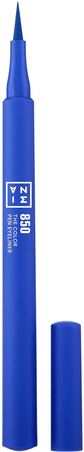 Blå tuschpen med låg, mærket BIC 850, tynd spids, står op.