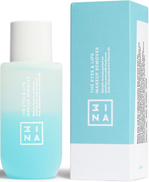 En blå och vit förpackning och flaska för ögon- och läppbortagningsprodukter, märkt med varumärke och produktnamn.