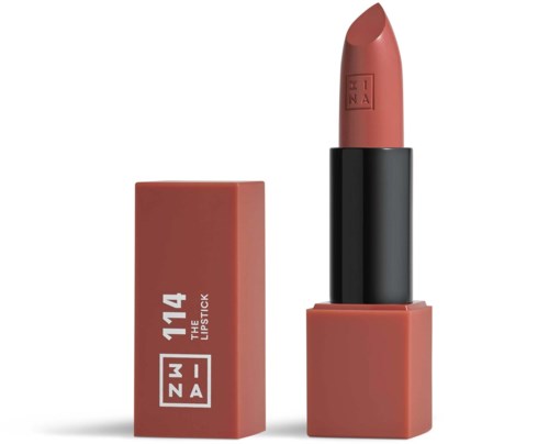 A lipstick with a black tube and pinkish case, labeled '114 THE BAM', standing upright with its cap removed.