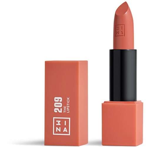A lipstick with skin tone color, in a black tube, with a matching peach-colored box.