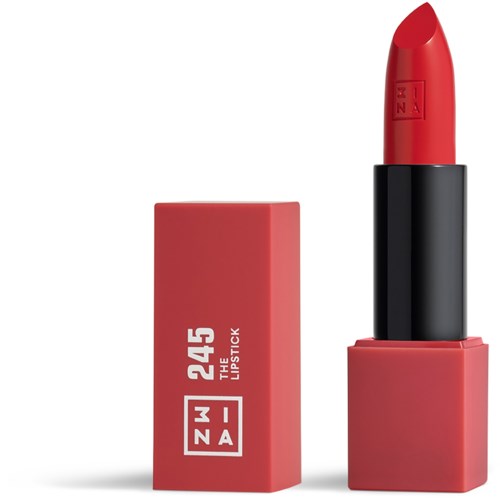 Red lipstick with a matching box, labeled '245 THE LIPSTICK', standing upright.
