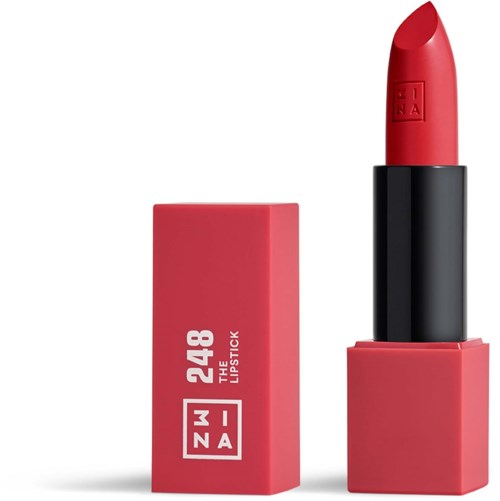A red lipstick with a black case and pink packaging that reads "248 THE LIPSTICK" and "ZNA."