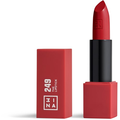 A red lipstick with a black base and a red packaging box next to it.