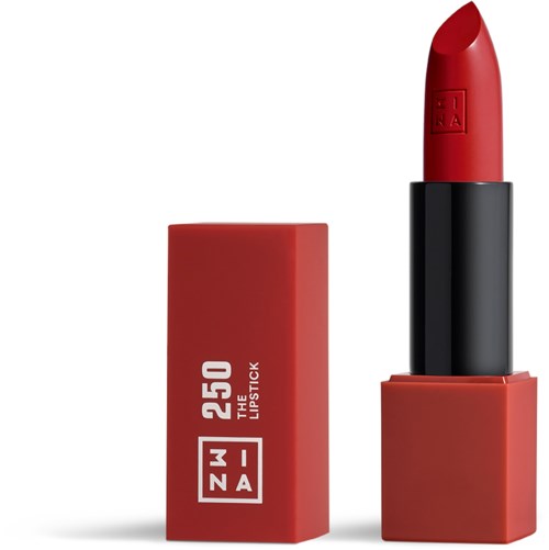 A red lipstick in a black tube with a red cap, displayed next to a red box with white text.