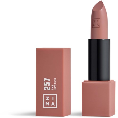 A pink lipstick with a beige shade, shown with its box that has white text and logo.