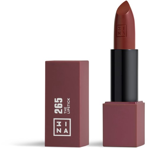 A brown lipstick standing next to a mauve box with white text and logo. The lipstick is slightly twisted up.