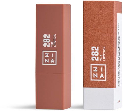 A lipstick in a pink box and its matching outer box with brand and product information.