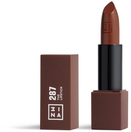 A brown lipstick in a black case with a matching brown box, labeled '287 THE J립STICK' and 'NINA' engraved.