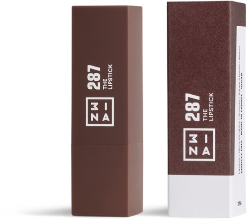 A brown lipstick tube and box with white text and logo, labeled '287 THE LIPSTICK' by NZA.