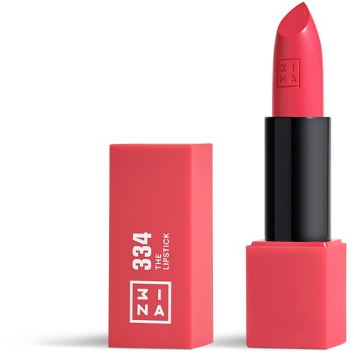 A pink lipstick with the cap removed, showing the lipstick inside. Pink box with white text and logo.