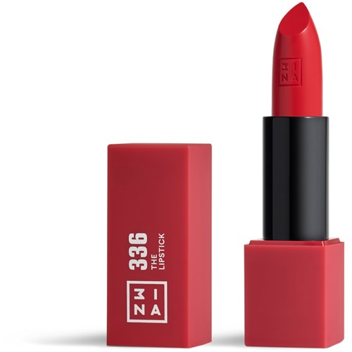 Red lipstick in a black case with red packaging, featuring white text and branding on the box.