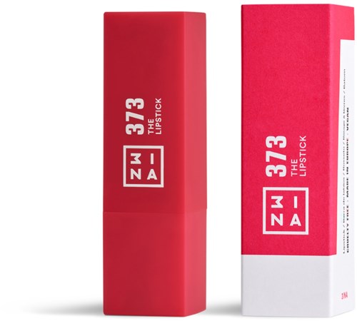 A bright pink lipstick box with white text and a white bottom part, standing upright.