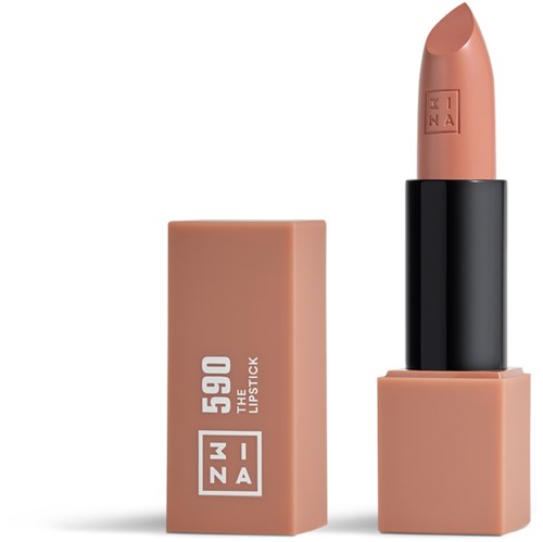 A nude lipstick with a black case and a peach-colored cap, standing upright next to its box with branding.
