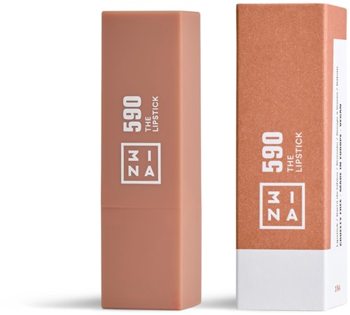 A lipstick package in soft pink color with white and brown text, and a matching box beside it.