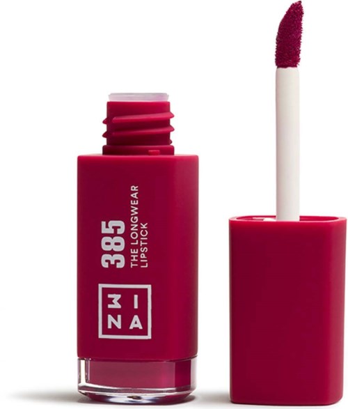 Lippenstift mit magenter Verpackung und passendem Applikator, Beschriftung lautet '385 THE LONG WEAR LIPSTICK'.