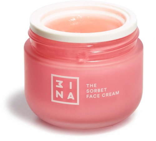 Rosa burk med vit lock, märkt '3INA The Sorbet Face Cream'. Creman inuti är ljusrosa.