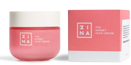 Ett rosa ansiktskrämglas med matchande förpackning, märkt "MINA THE SORBET FACE CREAM".
