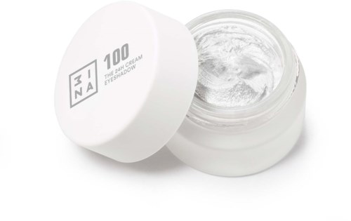 En lille hvid krukke med creme og låg mærket '3INA 100 The 24 Hour Eyeshadow' indeni.
