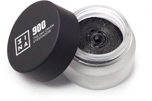 En lille beholder med sort geløjenskygge med sort låg, der står "900 THE 24 HOUR EYE SHADOW."