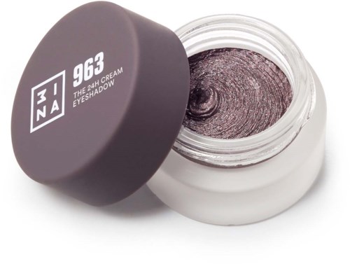 A small jar of dark eyeshadow with a gray lid, labeled '943 3INA The 24H Cream Eyeshadow.'