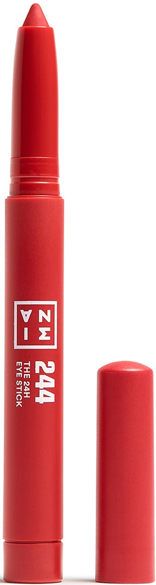 En rød makeup øjenskygge-stift med låget ved siden af, viser spidsen til påføring.
