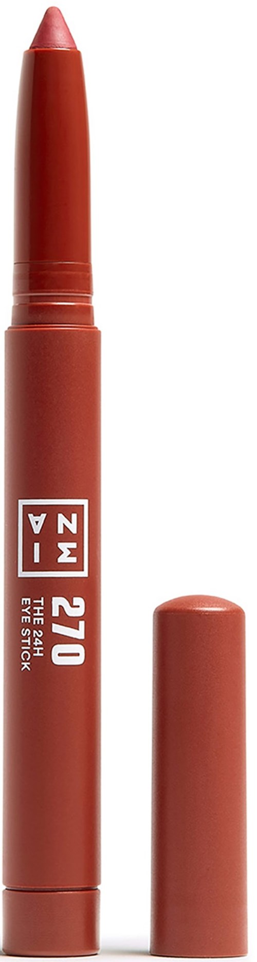 A red eye pencil with its cap off, showing the pointed tip.