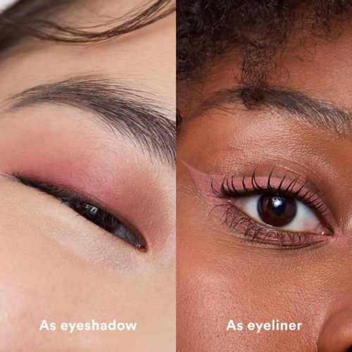 To kvinder med forskellige hudtoner viser makeup: lyserød øjenskygge, eyeliner, lange vipper og velplejede øjenbryn.