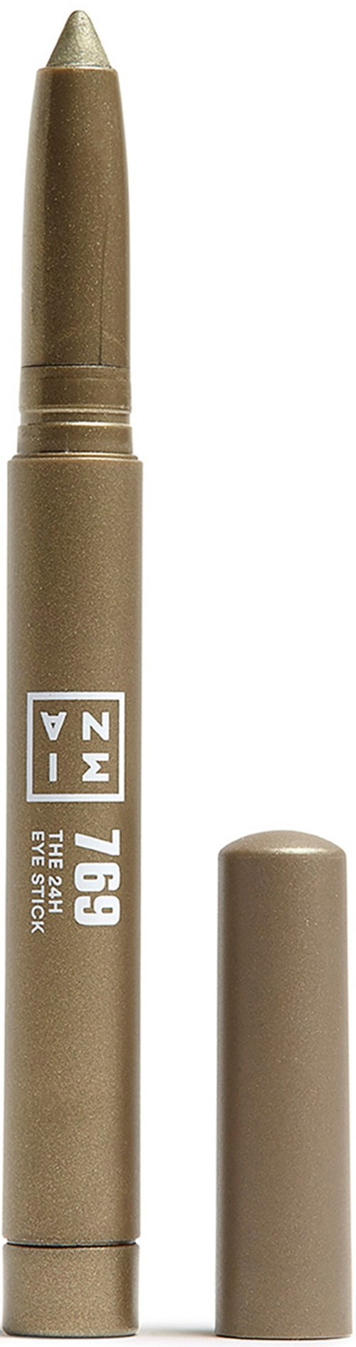 A gold-colored pen with a cap, labeled 'T79 4' and 'Eye Styler,' standing upright with the cap beside it.
