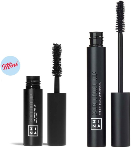 Three black mascara tubes and wands stand upright, with a blue and red "Mini" label on a white background.