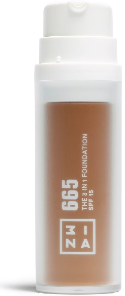 Butelka podkładu ZAO 665 z SPF 15, biała nakrętka i brązowa ciecz.