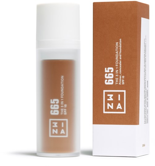 Butelka podkładu i pudełko z SPF 15 od ZNAN, oznaczone '66F THE MUSE 3 W 1 FOUNDATION'.