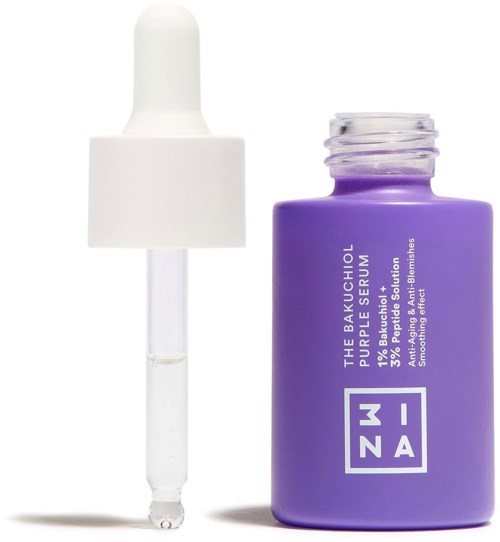 En lilla serumflaske med hvid pipette, mærket med hvid tekst om fordele for huden.