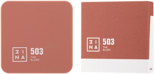 En rougefarvet makeup-ting med 3INA-logo og produktnummer 503, kaldet The Blush, i en box og kompakt.