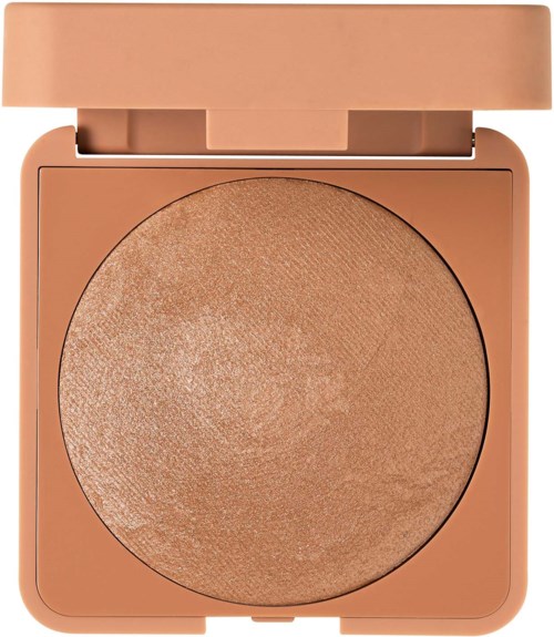 A makeup compact with a bronze-colored powder inside and a pinkish beige case. The lid is open.