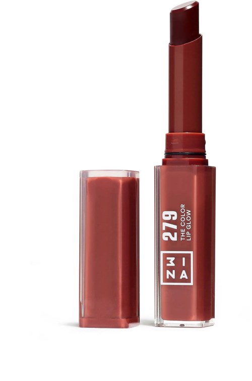 Ett läppstift med en brungul-röd nyans och ett genomskinligt lock, märkt 'H4N 29 THE COLOR THE GLOVI'.