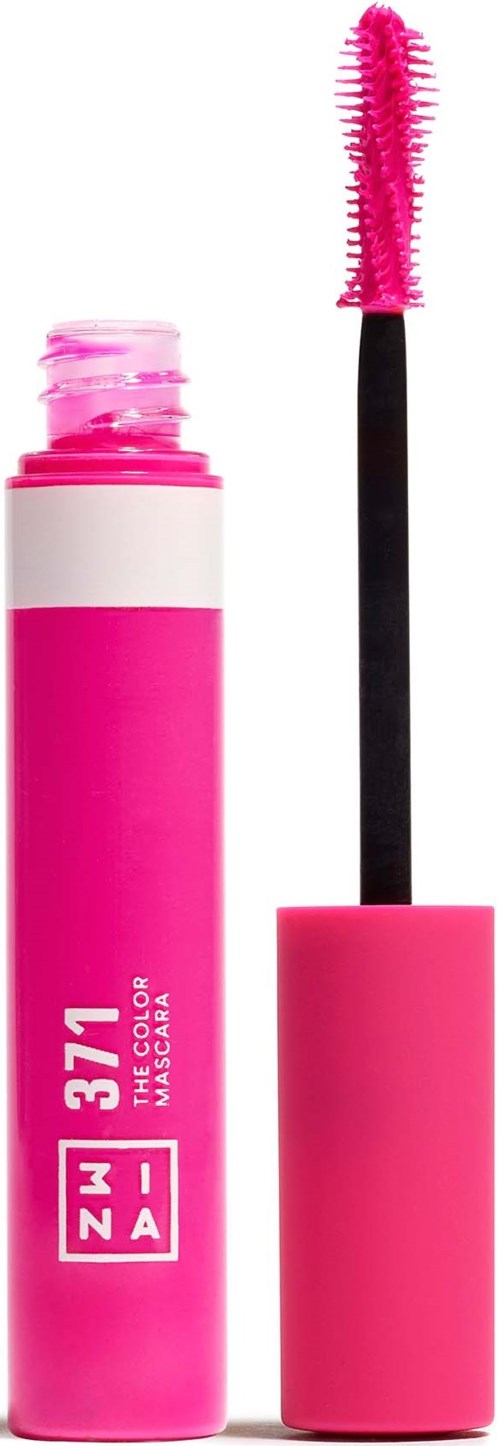 Lyserødt mascara-rør med åbent låg, der viser mascara-børsten. Børsten er dækket af lyserødt mascara.