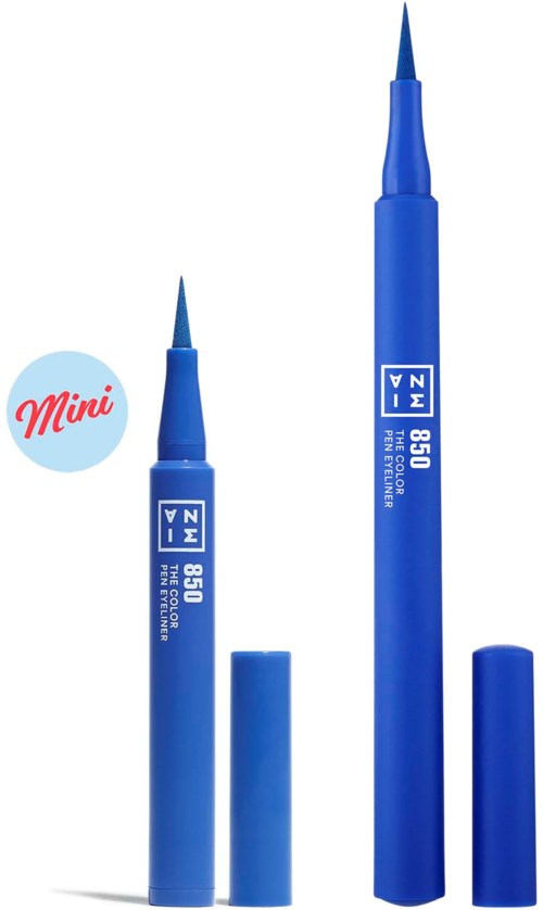 To blå blækpenne, én mærket 'Mini' og mindre, begge uden låg og står oprejst.